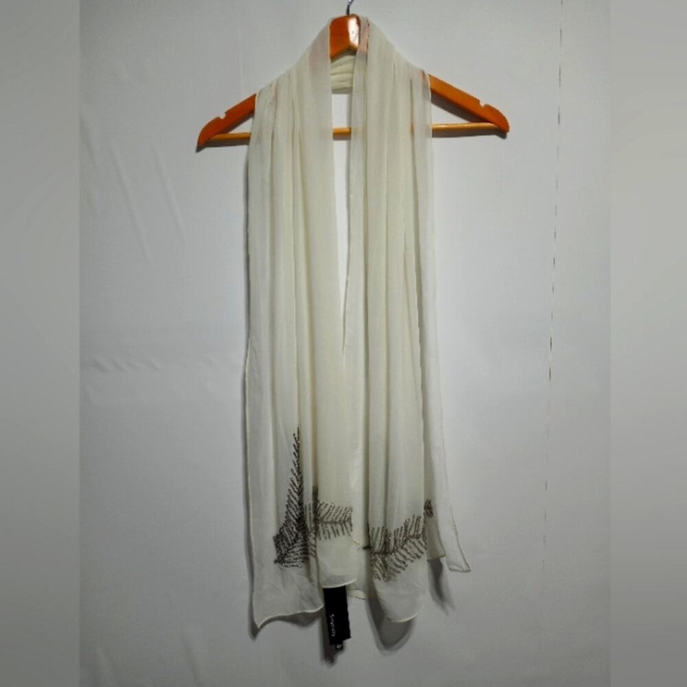 Relativity NWT Ivory Sheer Scarf with Silver Beaded Leaf Detail Boho Elevated